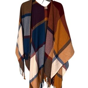 Cozy Multi-Color Plaid Fringe Poncho